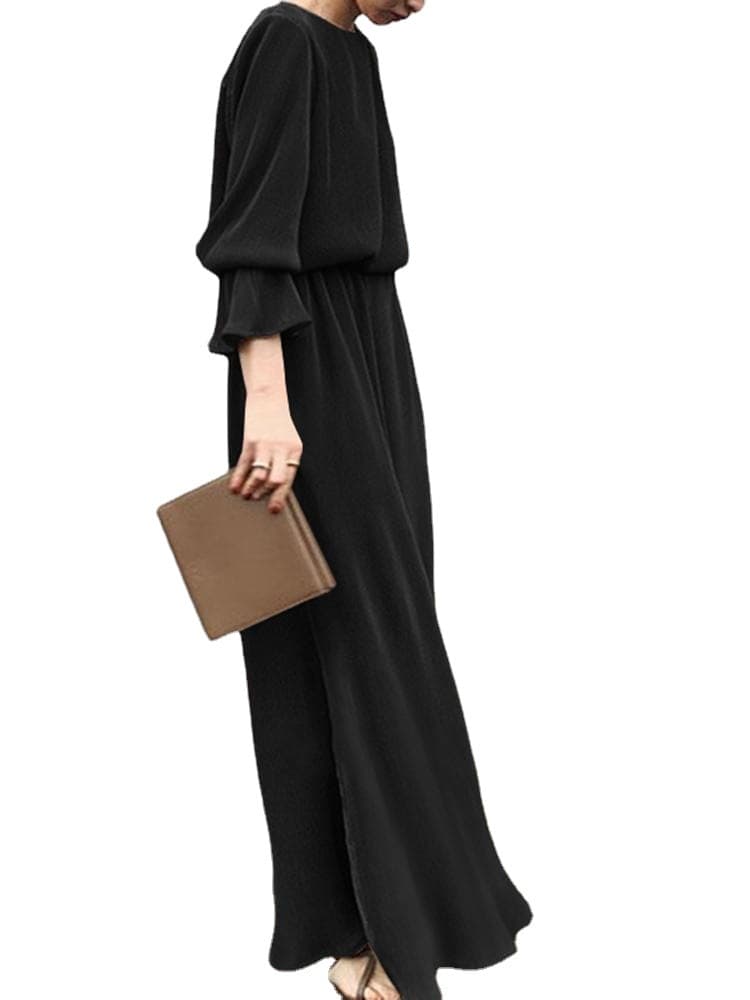 大人ワンピース ロング シンプル優美フレア袖ロングワンピース