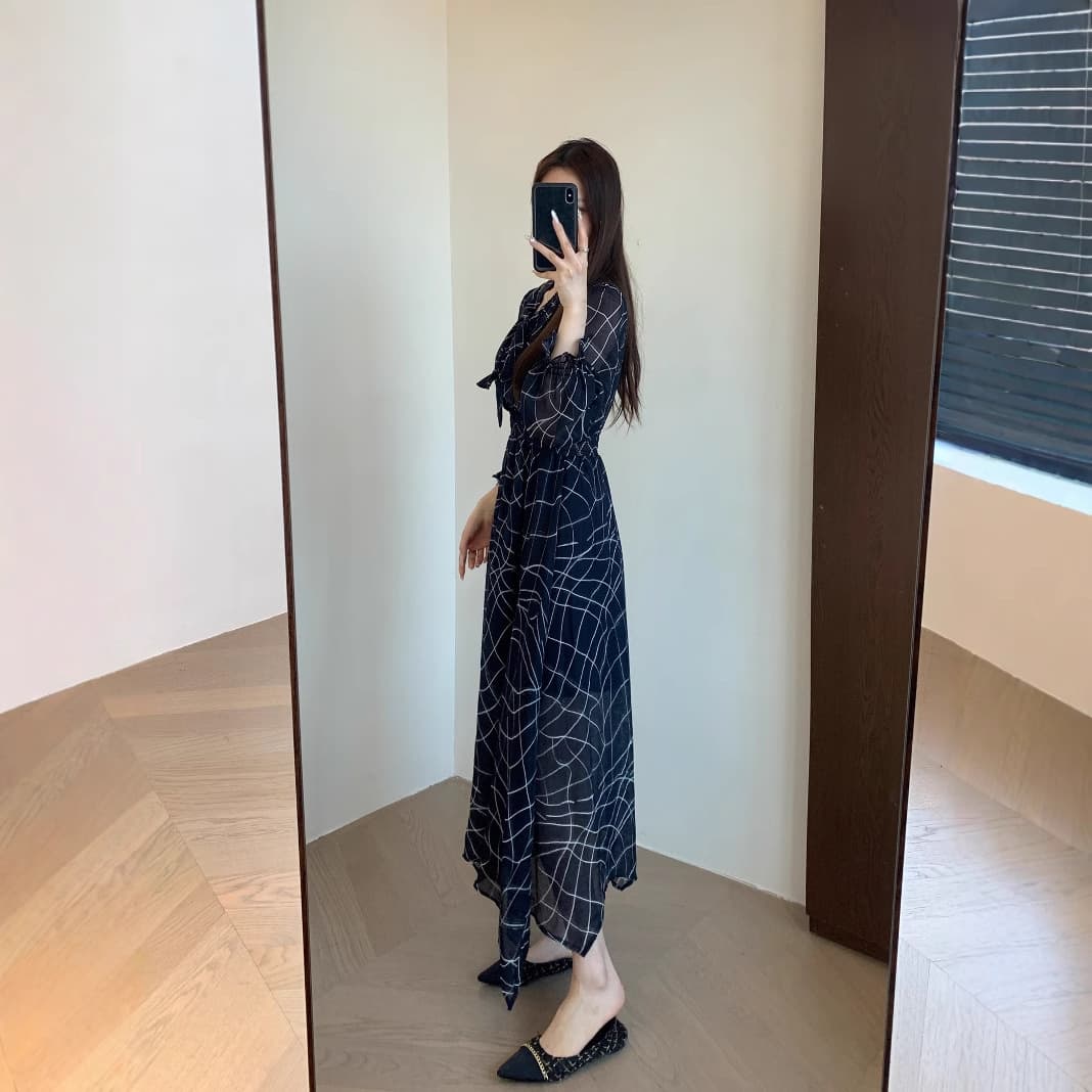 大人ワンピース ロング リボン飾り格子柄シフォンロングワンピース