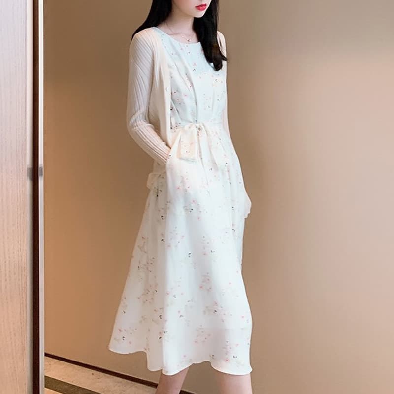 大人ワンピース ロング 花柄ノースリーブギャザーワンピース