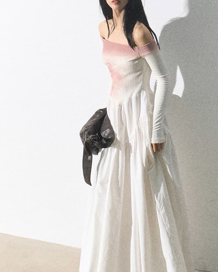 大人ワンピース ロング オフショルダー リボンギャザー ワンピース