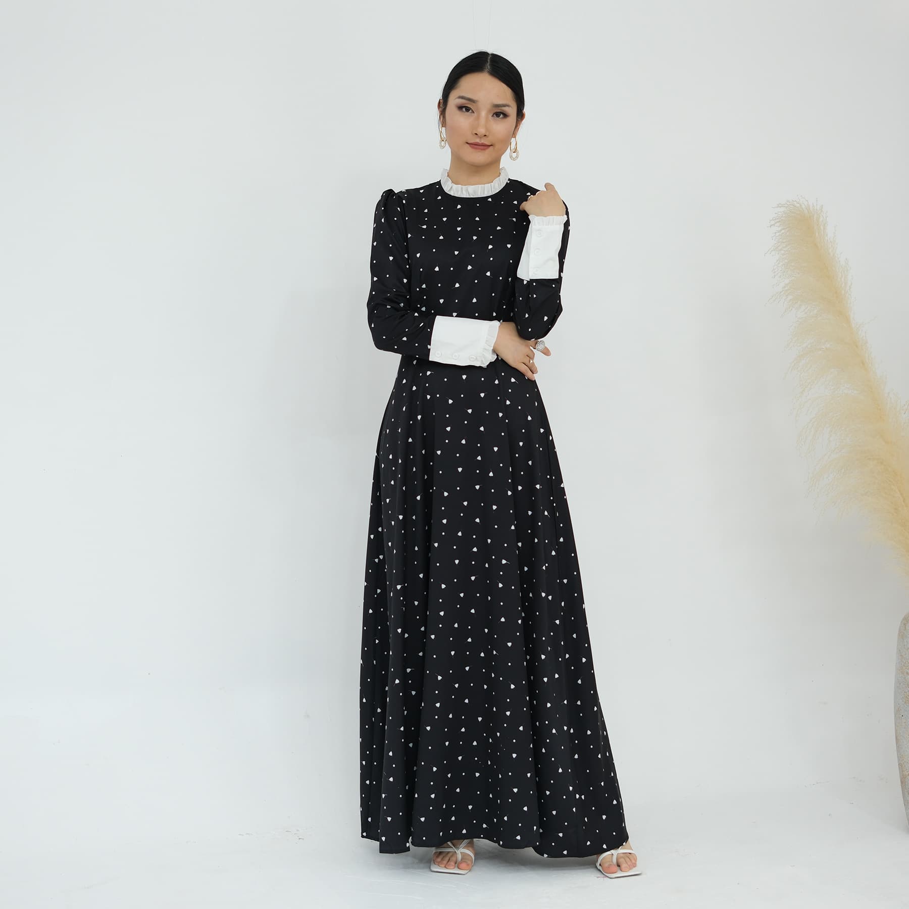 大人ワンピース ロング ハートドット フリル袖 ワンピース
