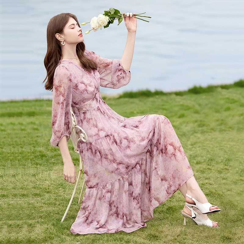 大人ワンピース ロング 優美な花柄シフォンロングワンピース