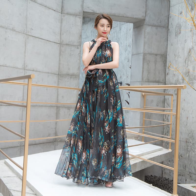 大人ワンピース ロング フローラル柄シフォンホルターネックワンピース