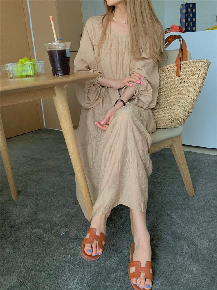大人ワンピース ロング ふんわり袖のティアードワンピース