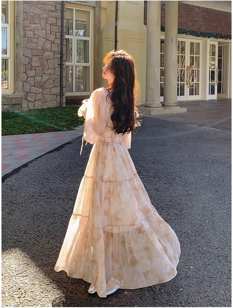 大人ワンピース ロング 優美な花柄ティアードワンピース