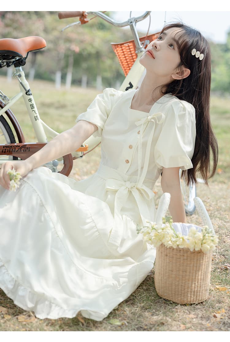 大人ワンピース ロング ふんわりパフスリーブ リボンティアードワンピース