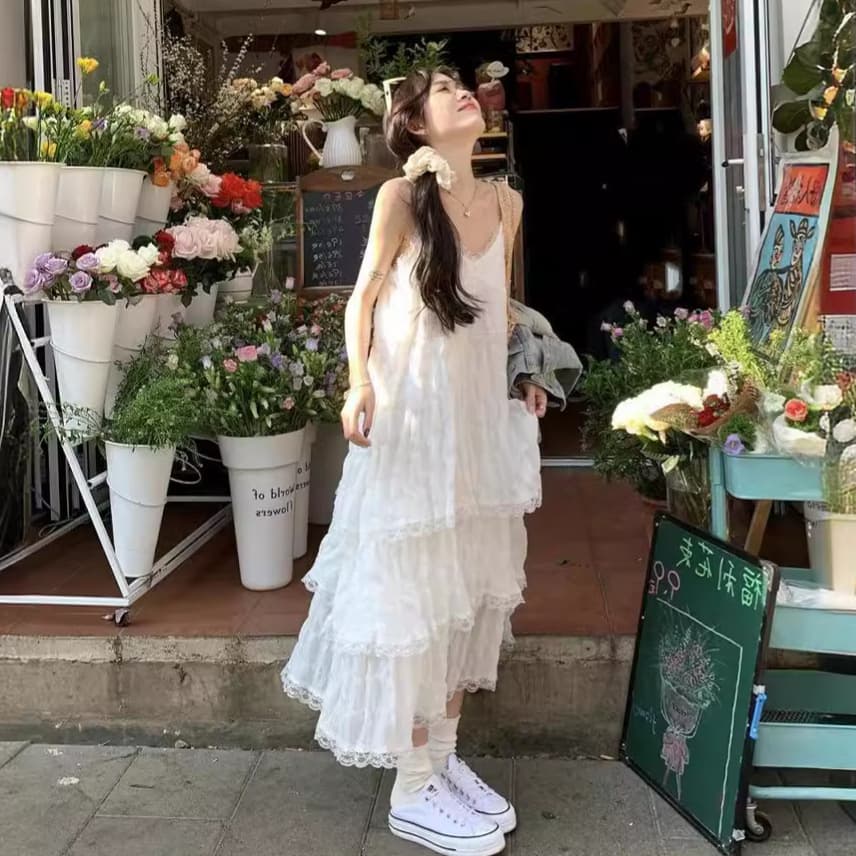 大人ワンピース ロング レース重ねティアードロマンスワンピース