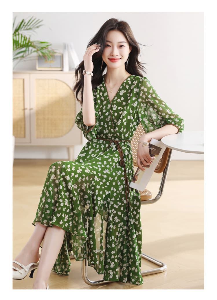 大人ワンピース ロング 花柄シアー素材パフスリーブ