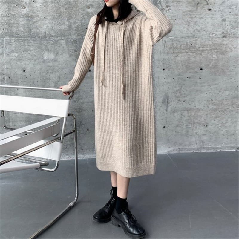 大人ワンピース ロング リブ編み ロング丈フード付きニットワンピース
