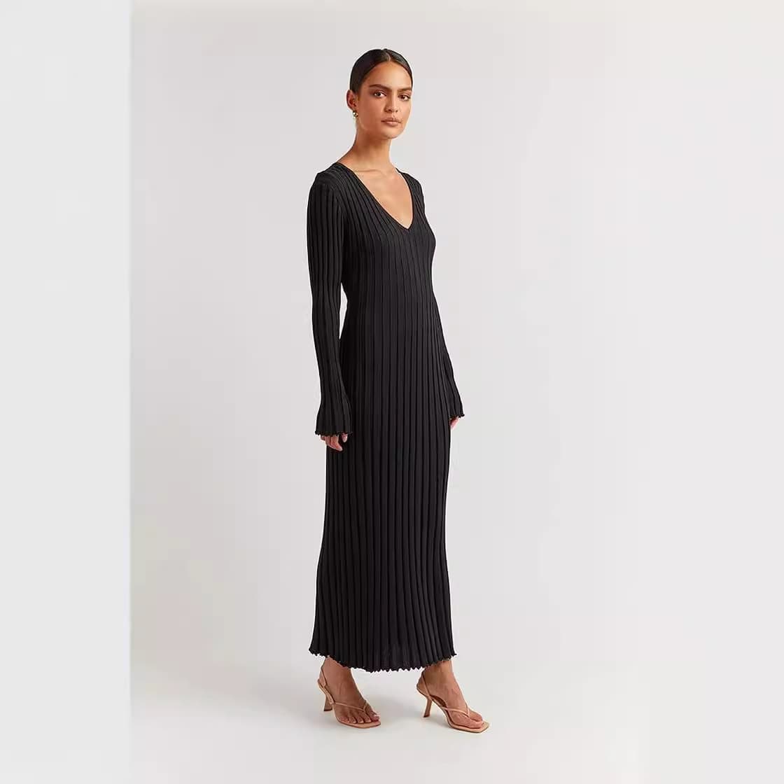 大人ワンピース ロング リブ編みフィット美シルエットワンピース