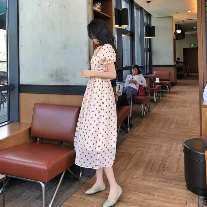 大人ワンピース マキシ レトロ水玉フリル袖マキシワンピース