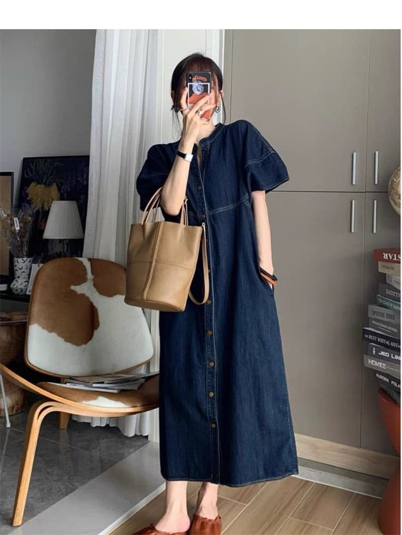 大人ワンピース ロング ノーカラーデニムワンピース