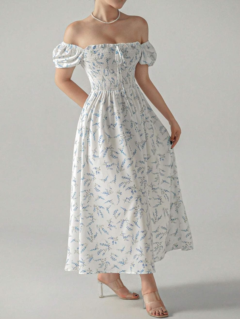 大人ワンピース ロング 花柄シャーリングワンピース