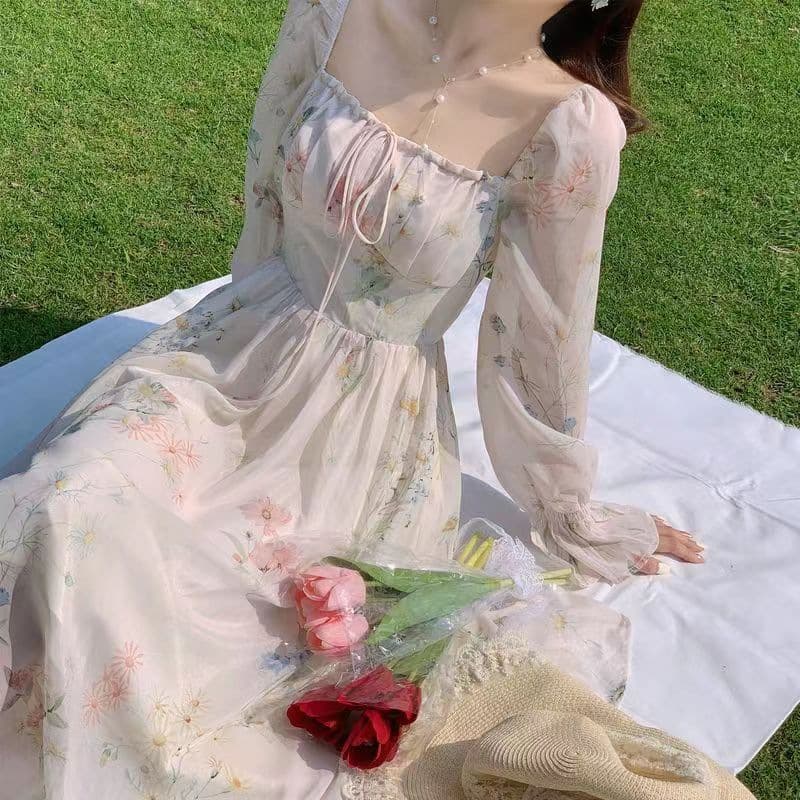 大人ワンピース ロング 優美な花柄パフスリーブワンピース