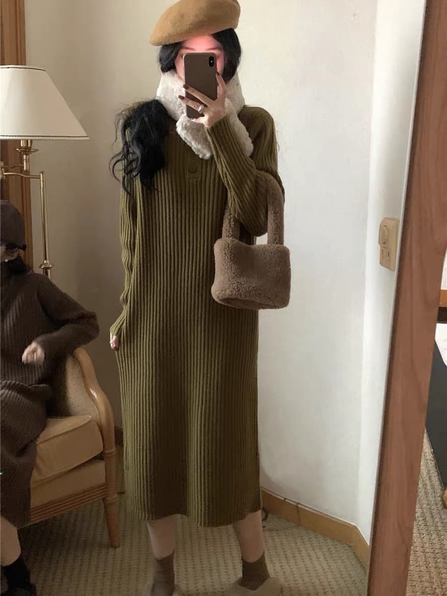 大人ワンピース リブニットワンピース長袖ハイネックロング丈きれいめ