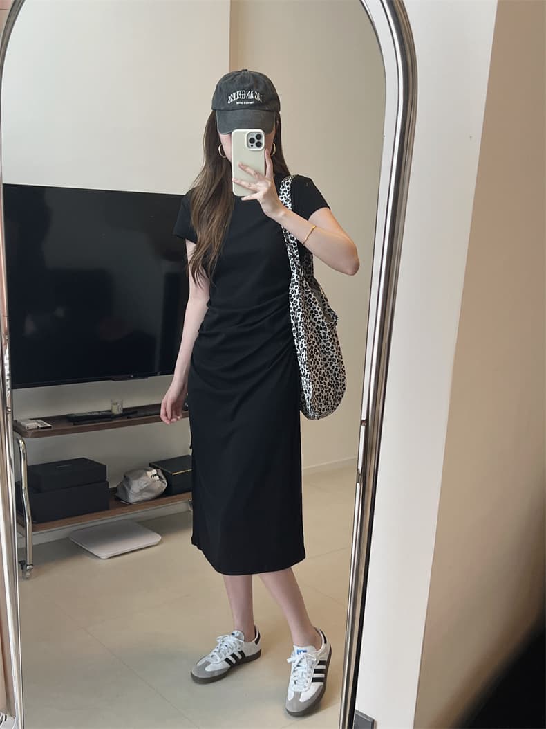 大人ワンピース ロング サイドギャザー ロングワンピース
