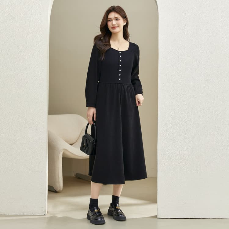 大人ワンピース ロング 上品シルエット リブニットワンピース