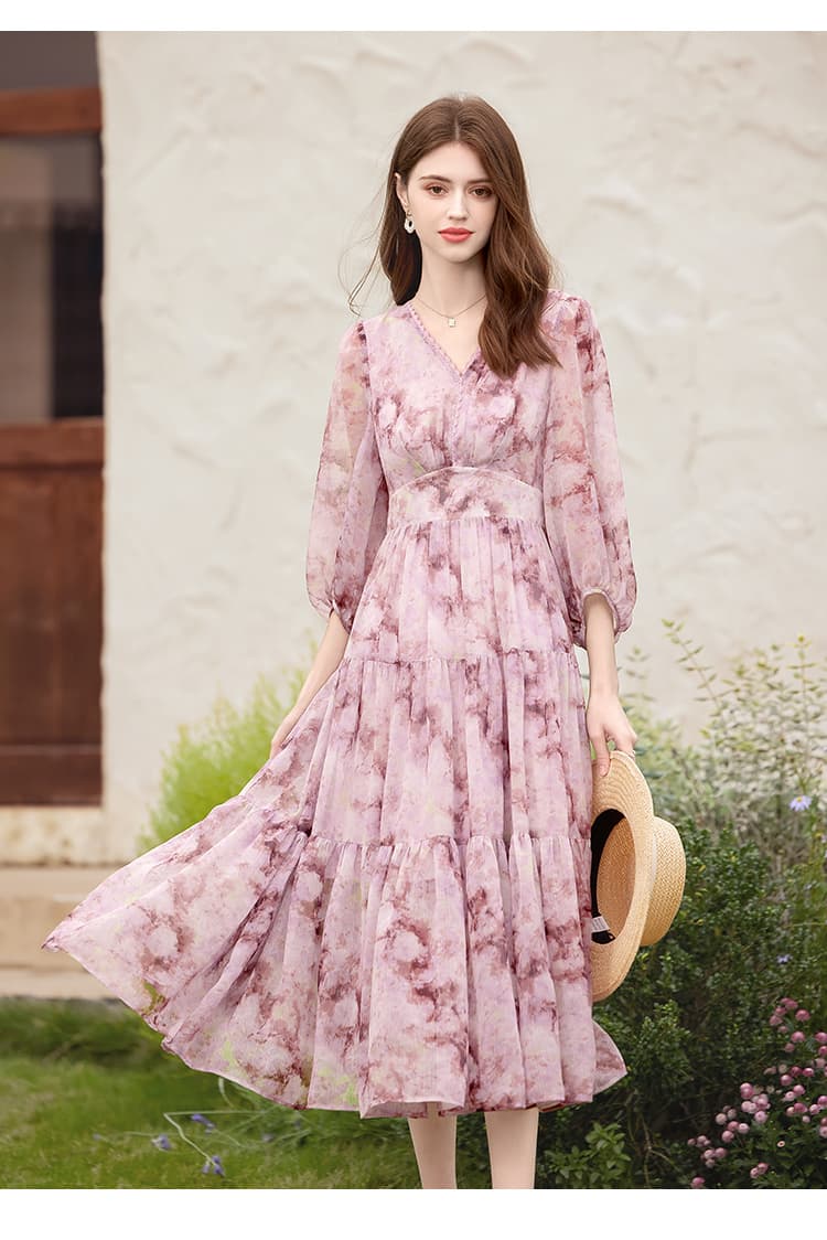 大人ワンピース ロング 優美な花柄シフォンロングワンピース
