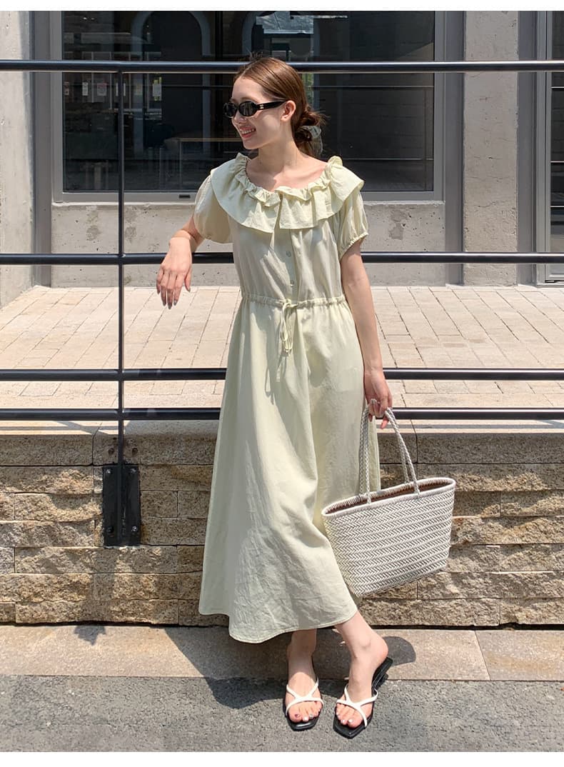 大人ワンピース ロング フリルデコルテ リゾートロングワンピース