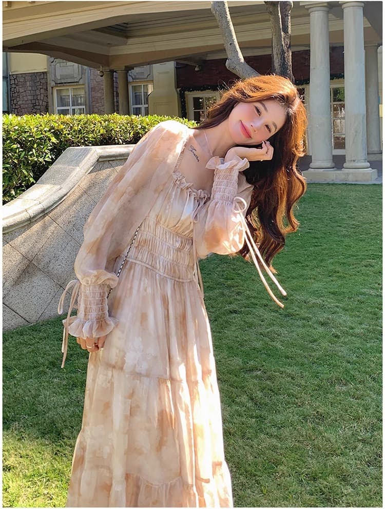 大人ワンピース ロング 優美な花柄ティアードワンピース