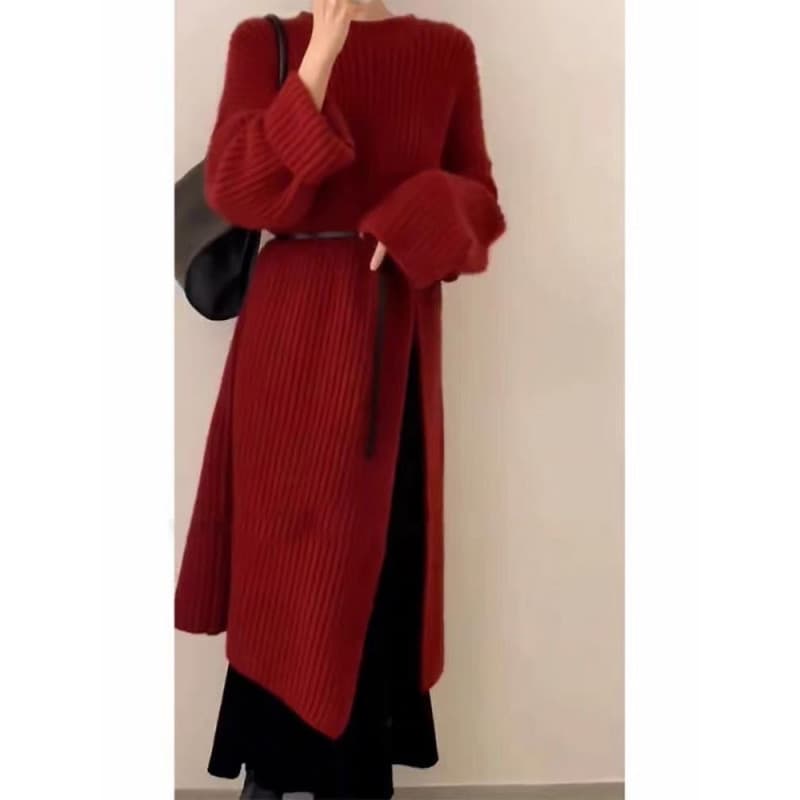大人ワンピース ロング リブ編み サイドスリットワンピース