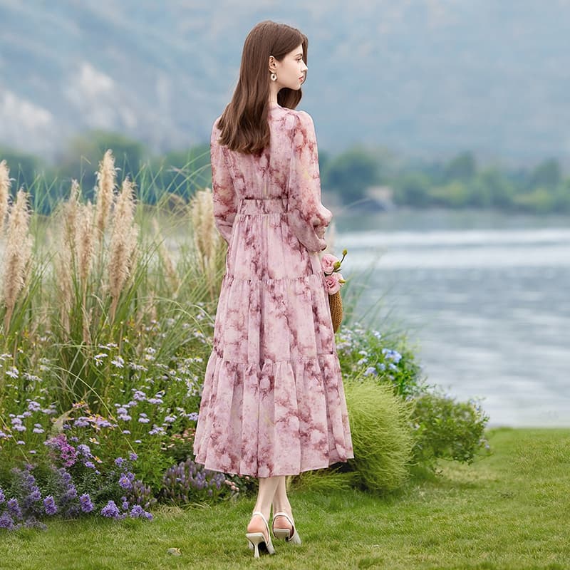 大人ワンピース ロング 優美な花柄シフォンロングワンピース