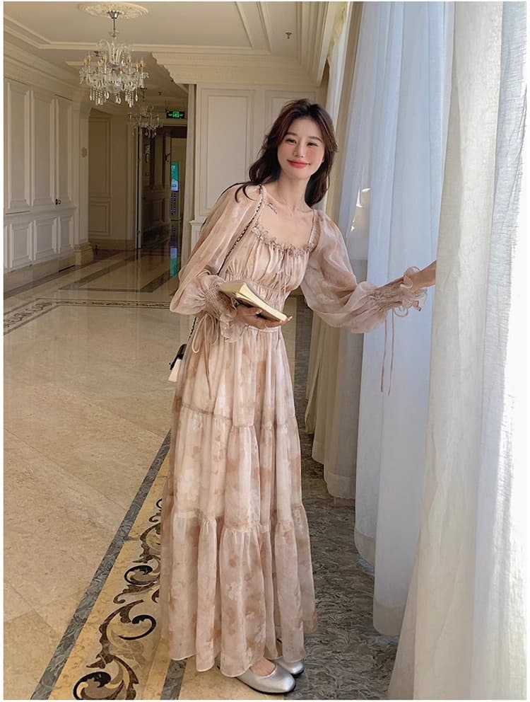 大人ワンピース ロング 優美な花柄ティアードワンピース
