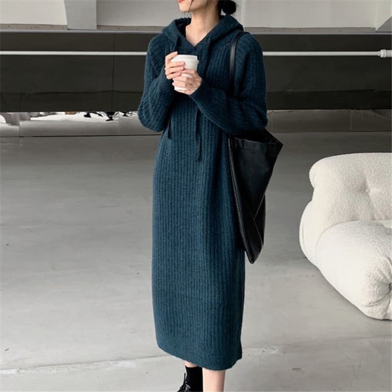 大人ワンピース ロング リブ編み ロング丈フード付きニットワンピース