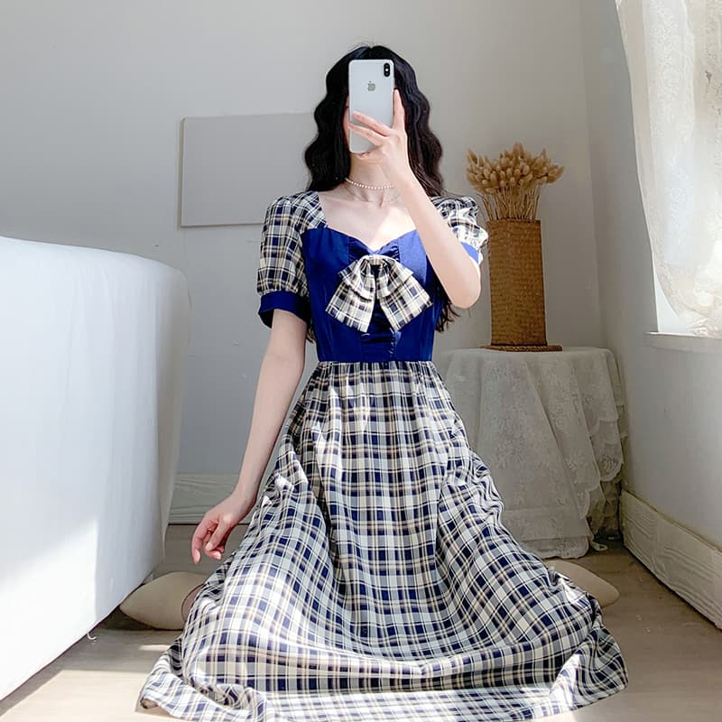 大人ワンピース ロング タータンチェック リボン付きワンピース