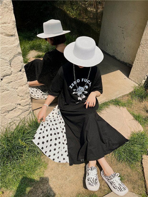 大人ワンピース ロング バックデザイン水玉切替ロングワンピース