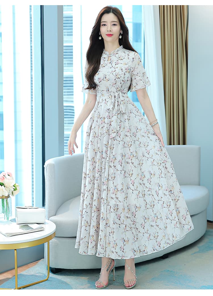大人ワンピース マキシ 薄手シフォン リゾート風マキシ丈ワンピース