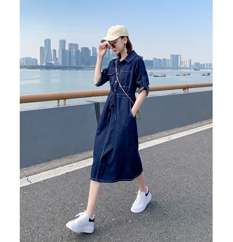 大人ワンピース ロング  デニム素材シャツカラーロングワンピース