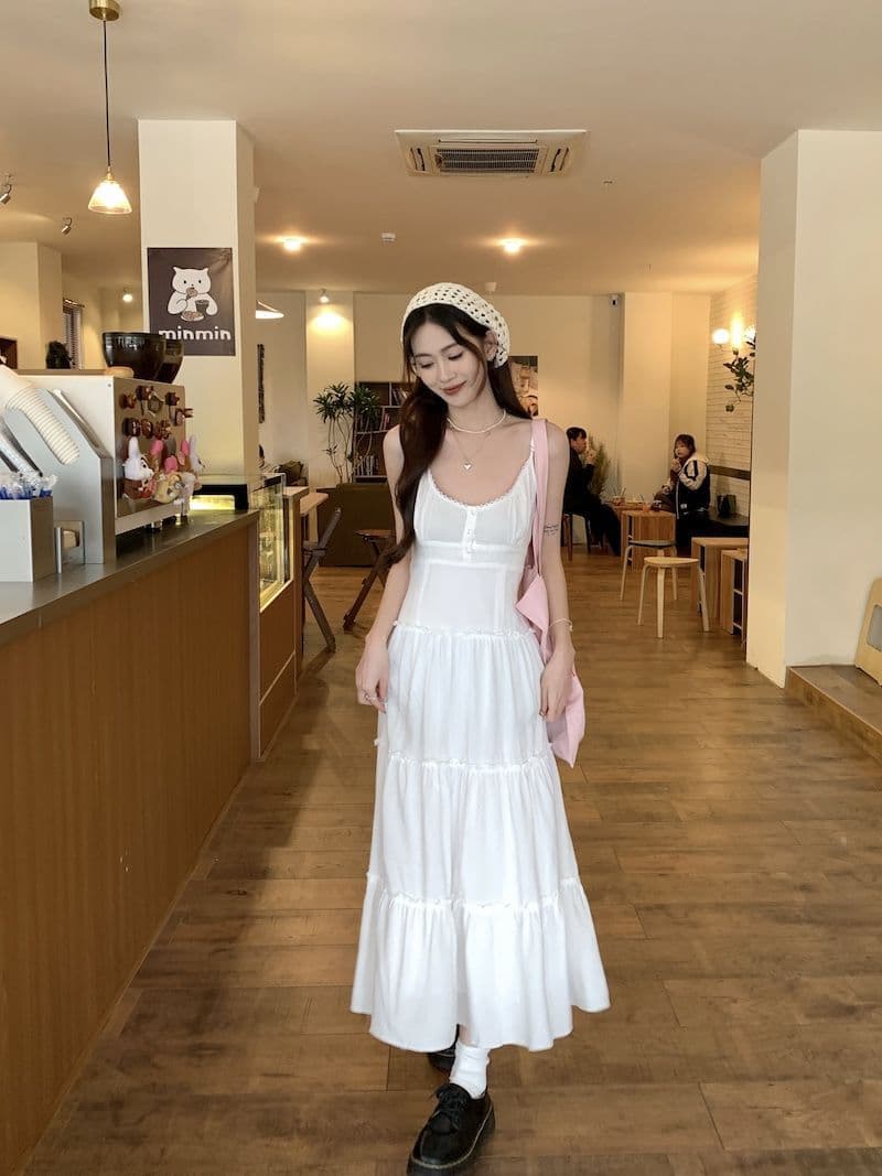 大人ワンピース ロング フリル切替ティアードマキシワンピース