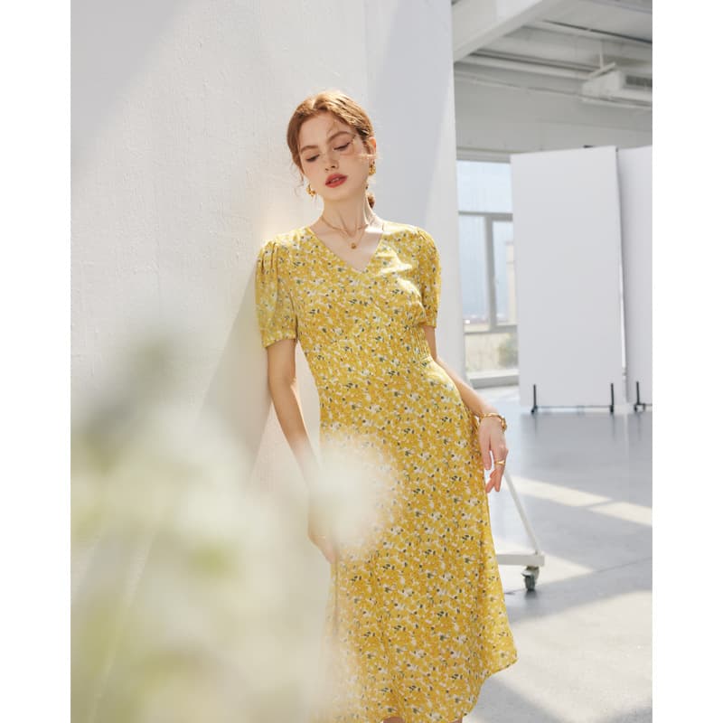 大人ワンピース ロング 優美な花柄プリント大人ガーリーワンピース