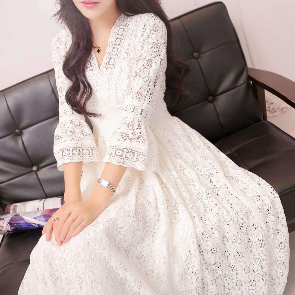 大人ワンピース ロング 花レース美シルエット