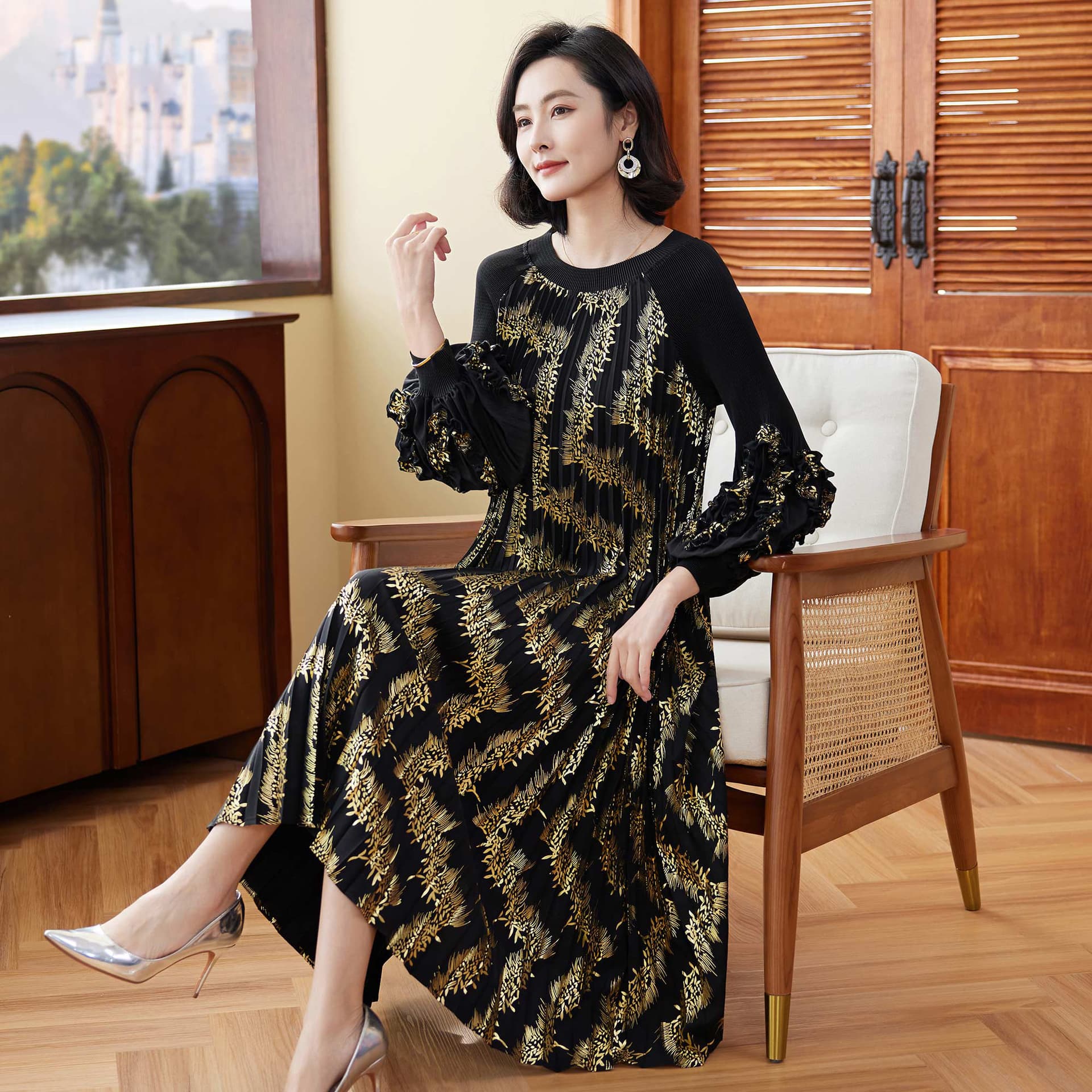 大人ワンピース ロング ギャザーフリル袖 プリーツワンピース