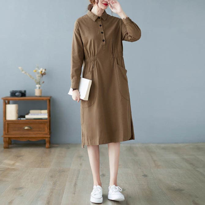 大人ワンピース ウエストギャザー長袖シャツワンピース