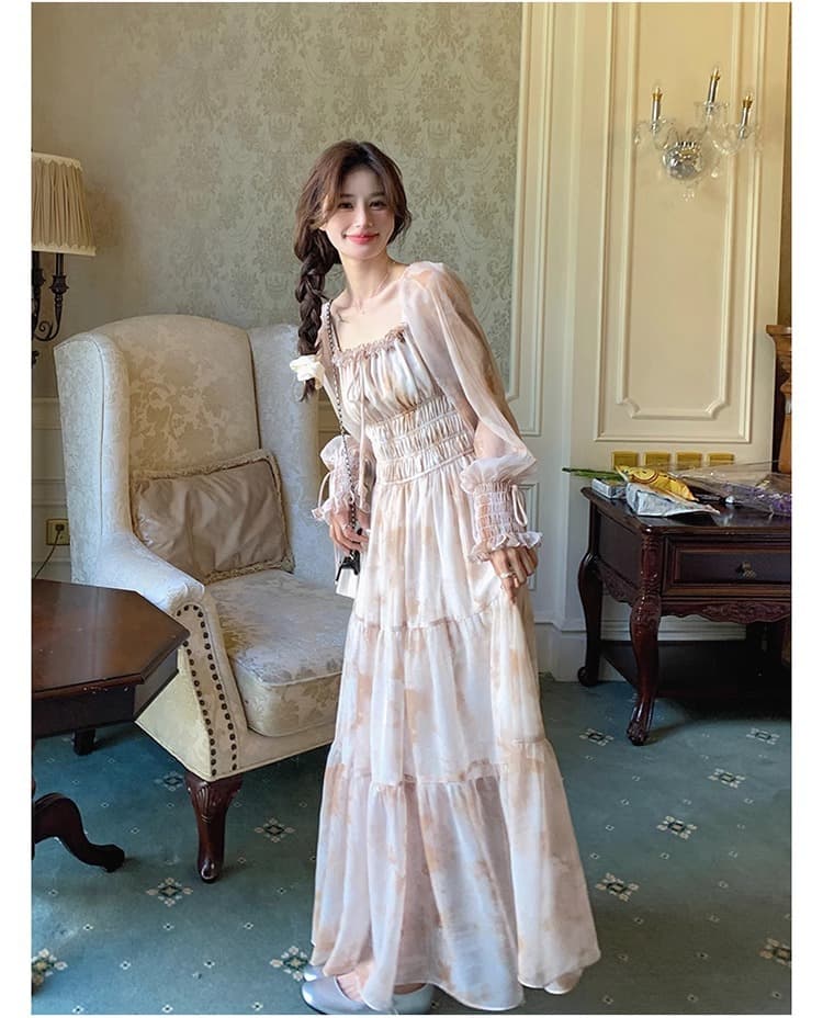 大人ワンピース ロング 優美な花柄ティアードワンピース