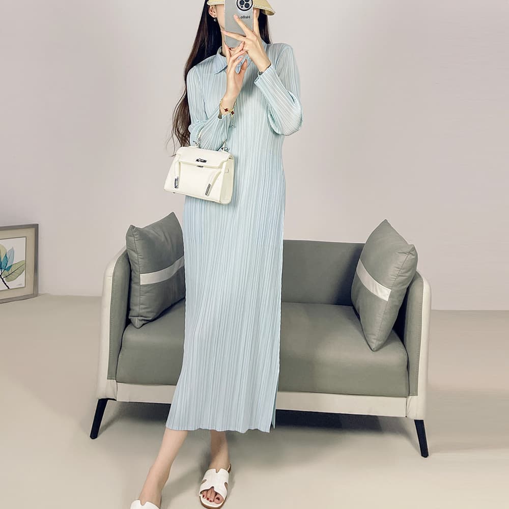 大人ワンピース ロング プリーツ加工シャツカラーワンピース