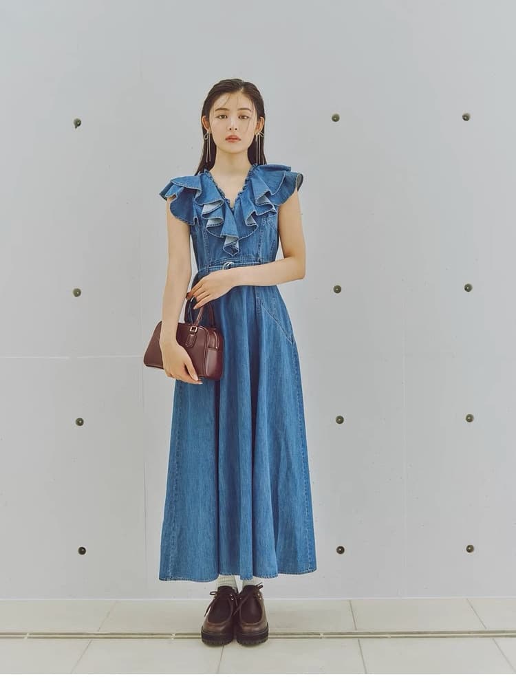 大人ワンピース ロング フリルデザイン デニムワンピース