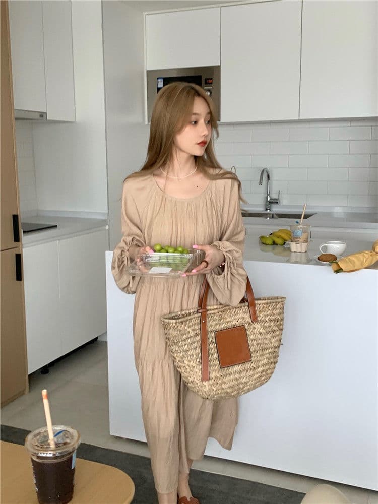 大人ワンピース ロング ふんわり袖のティアードワンピース