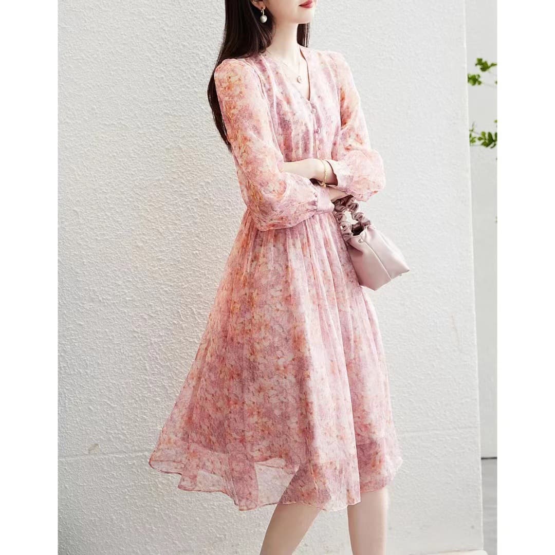 大人ワンピース ロング 花柄シフォンギャザーワンピース