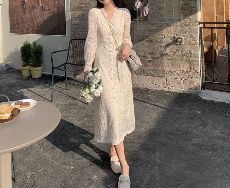 大人ワンピース ロング 優美なレース襟付きワンピース