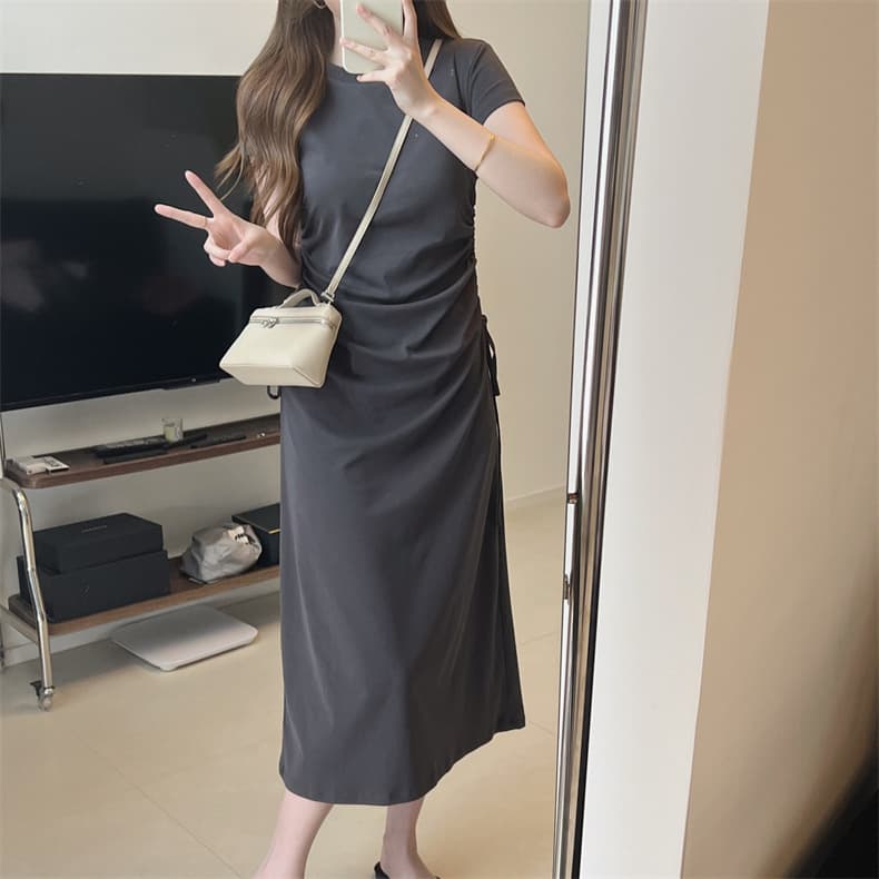 大人ワンピース ロング サイドギャザー ロングワンピース
