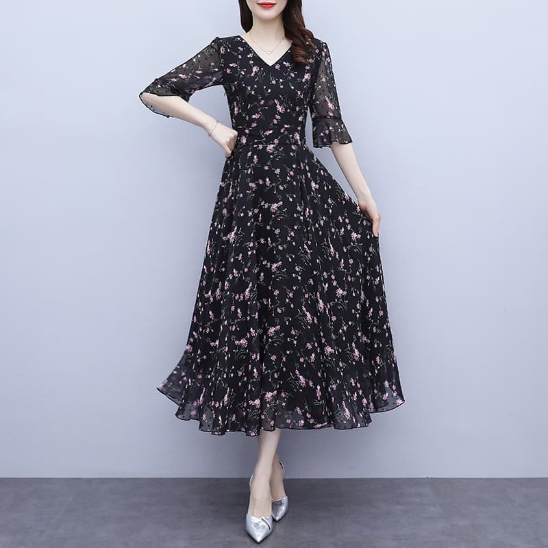 大人ワンピース ロング 七分袖シフォンフレアワンピース