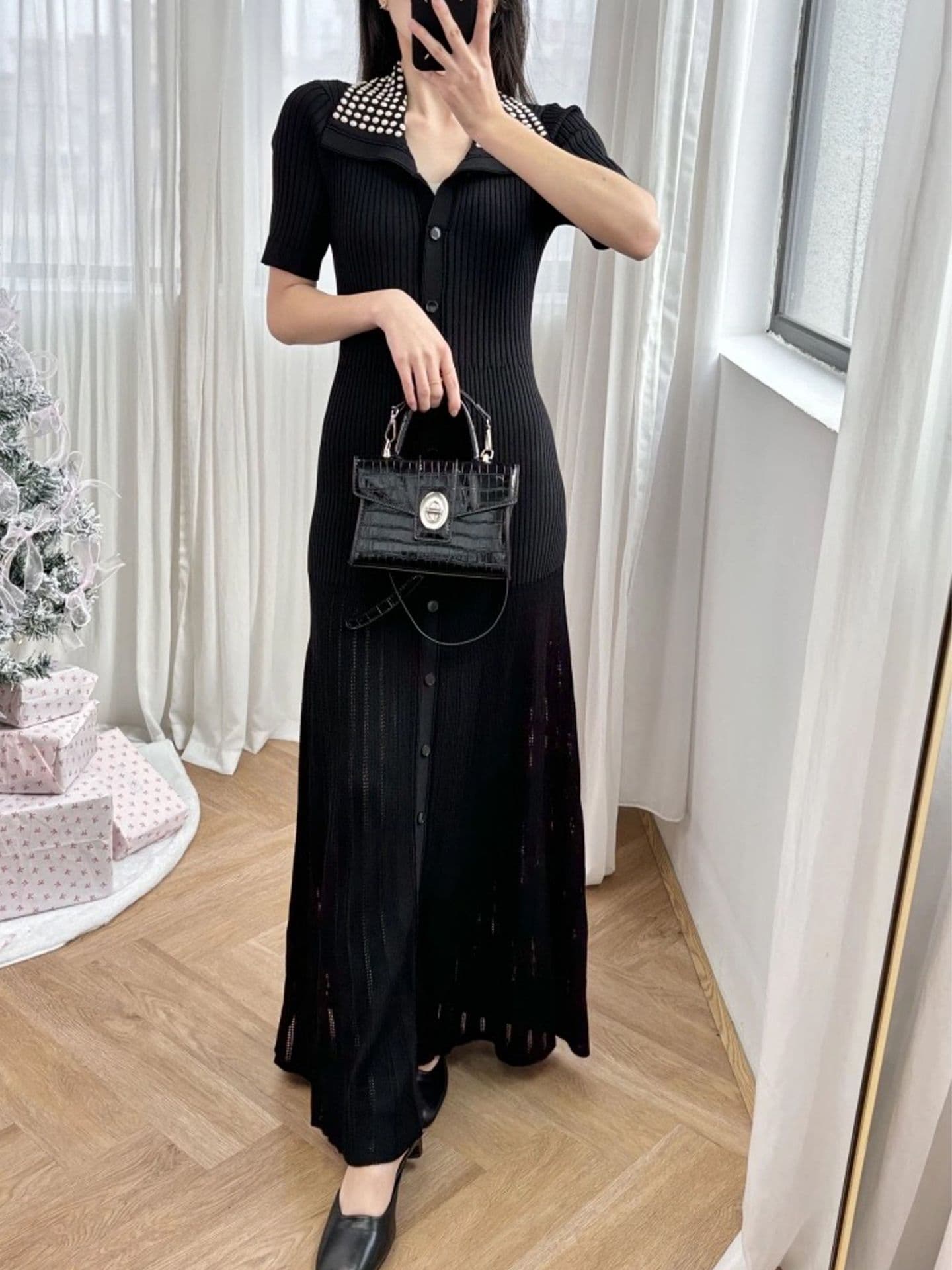 大人ワンピース ロング ドット襟リブニットワンピース