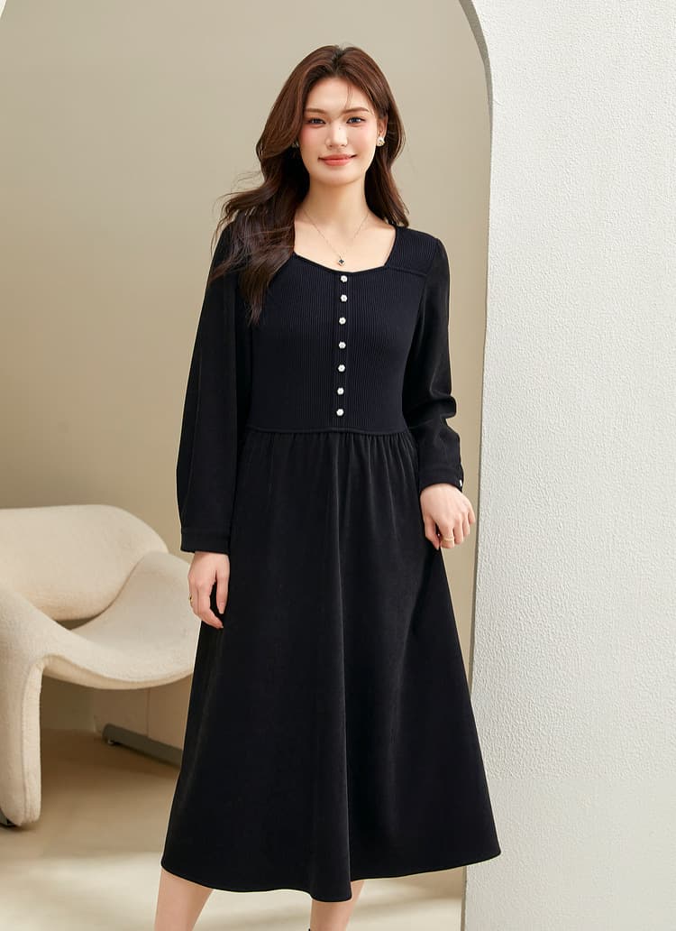 大人ワンピース ロング 上品シルエット リブニットワンピース
