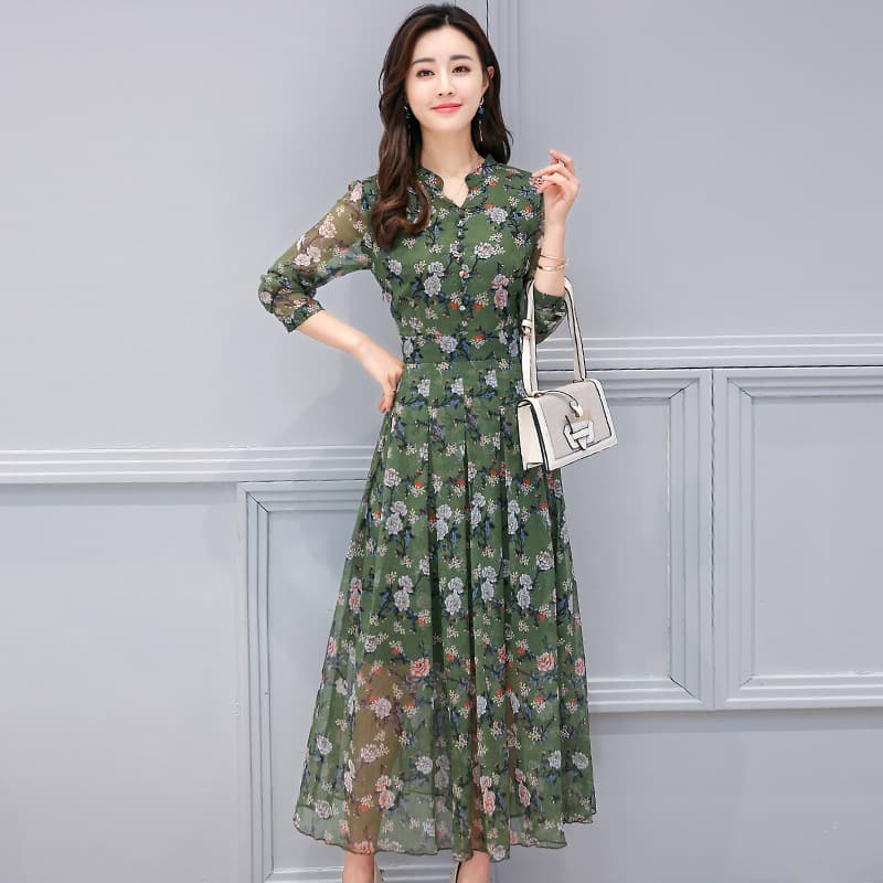 大人ワンピース ロング 花柄シフォンロングワンピース