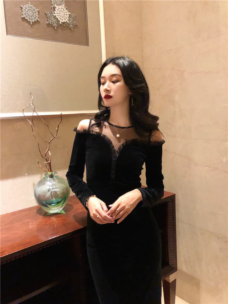 大人ワンピース ロング 優美チュール シースルー ベルベットワンピース