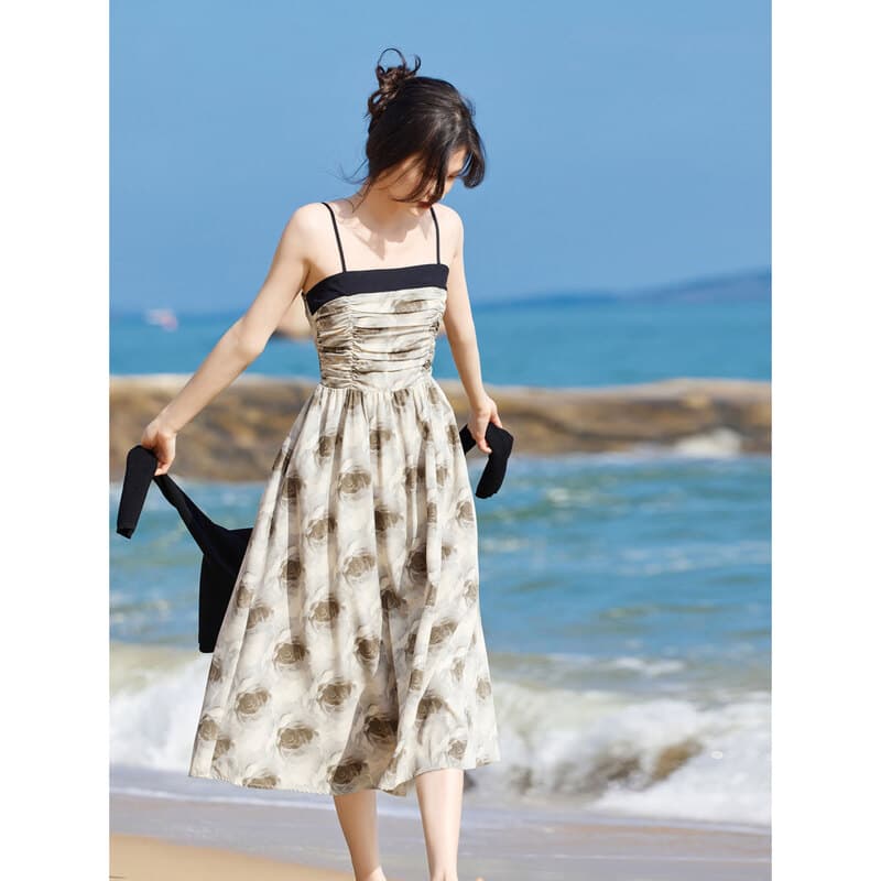 大人ワンピース ロング 優美な薔薇模様 ギャザーワンピース